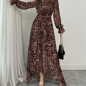 SHEIN Brown Leopard Long Sleeve Dress